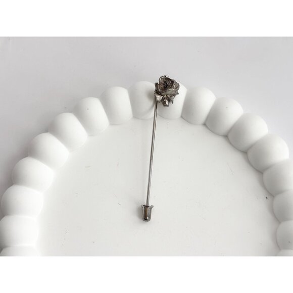 Petaled Rose Floral Faux Pearl Silver T Vintage Stick Pin | Hat Pin | Lapel Pin - Picture 7 of 9